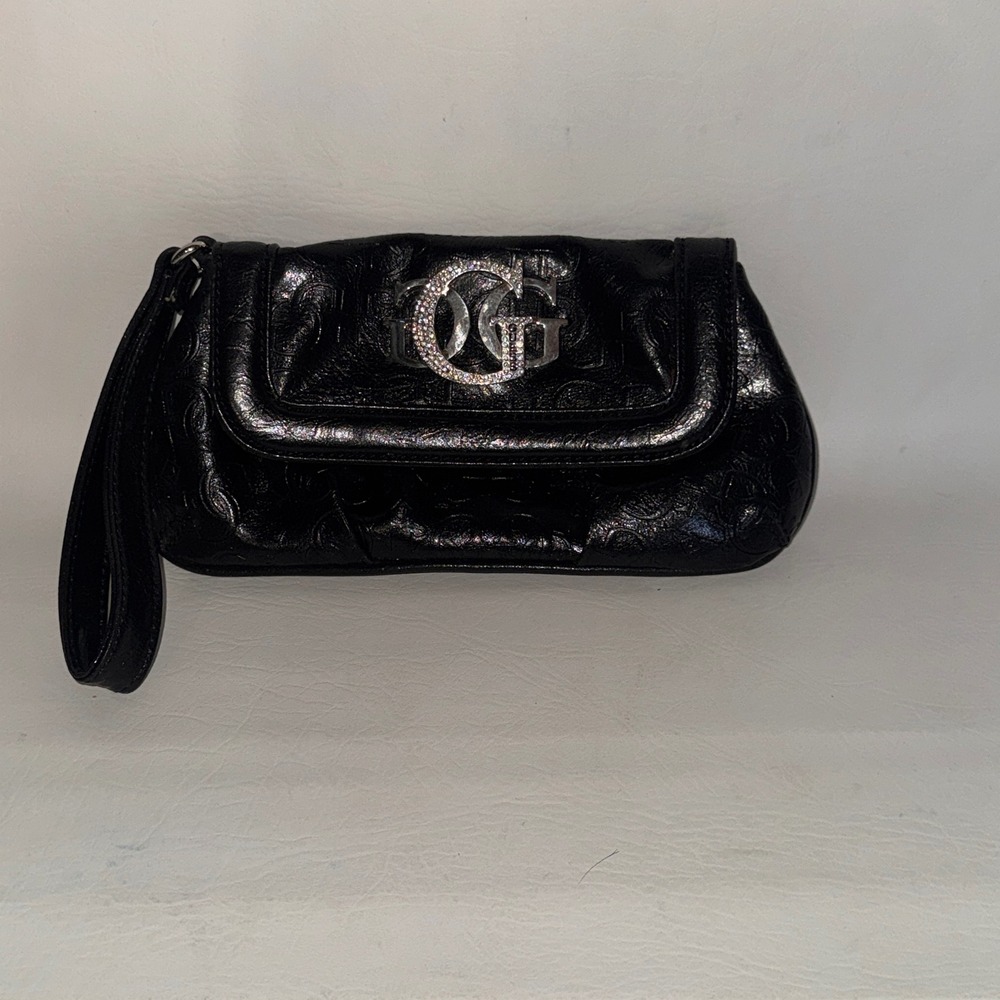 Guess Wristlet Clutch Womens Small Black Embossed Logo Y2K Glam Rhinestone GG